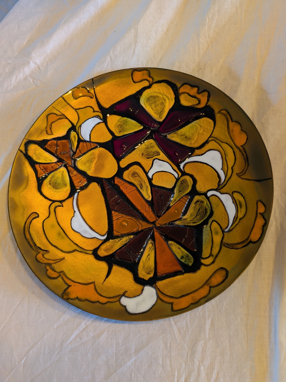 2/120$ Vintage Gold and White Decorative Glass Plate with Orange/Maroon Accents